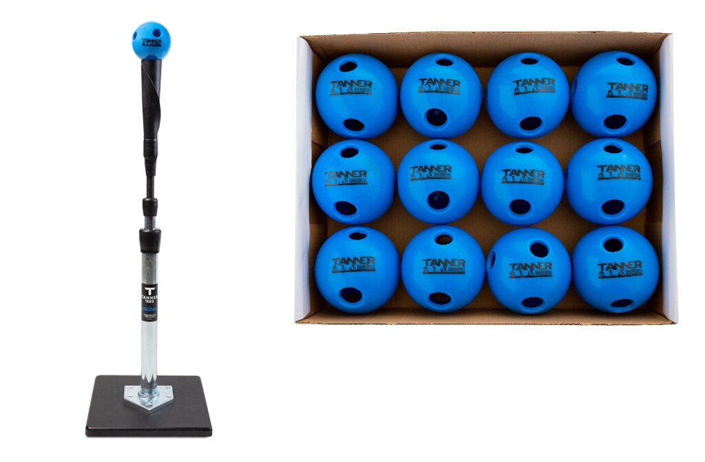 Tanner batting tee, alongside a box of Tanner soft rubber training balls