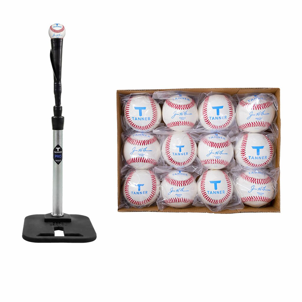 Tanner Pro batting tee, alongside a box of tanner baseballs