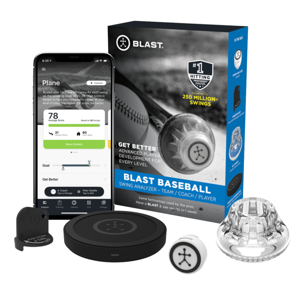 The blast baseball kit ishowing a phone and a ball.
